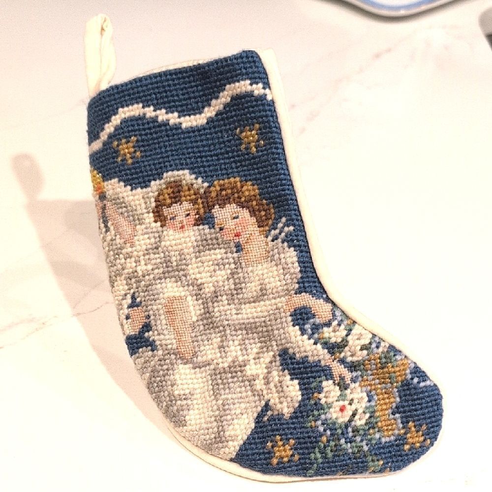 Vintage Handmade Embroidered Needlepoint Angel Christmas Stocking